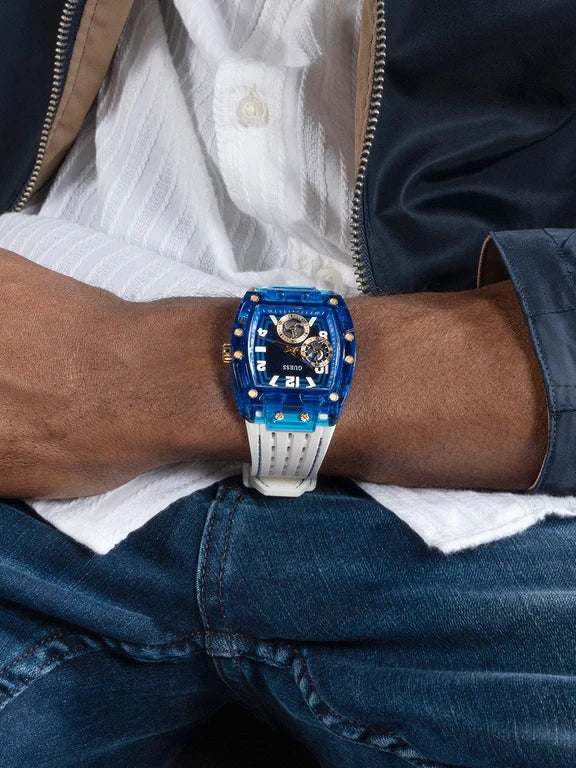 GUESS Mens White Blue Multi-function Watch