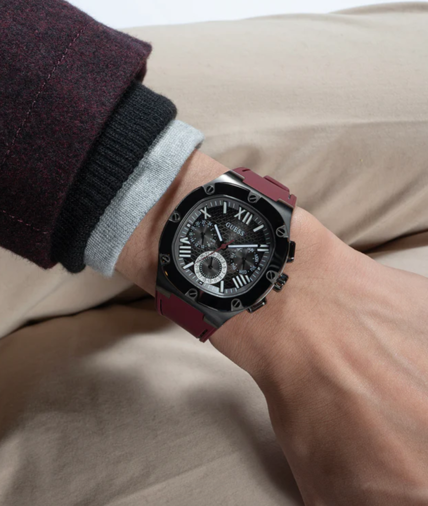 GUESS Mens Burgundy Gunmetal Multi-function Watch