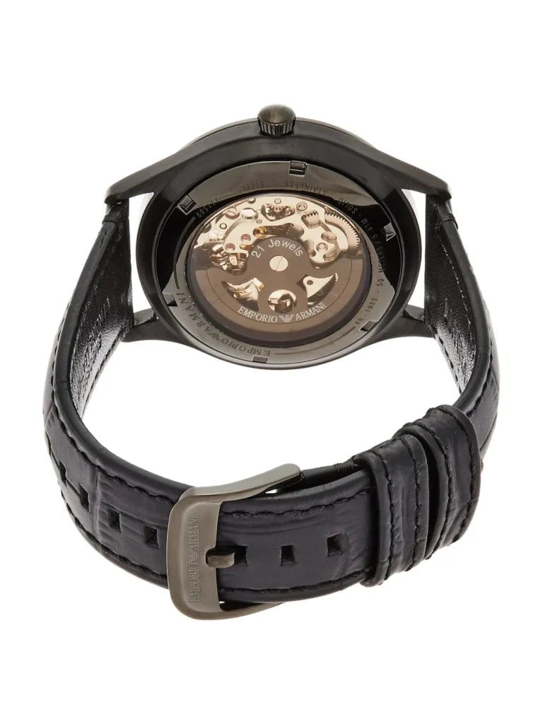 Emporio Armani Meccanico White Dial Black Leather Strap Watch For Men