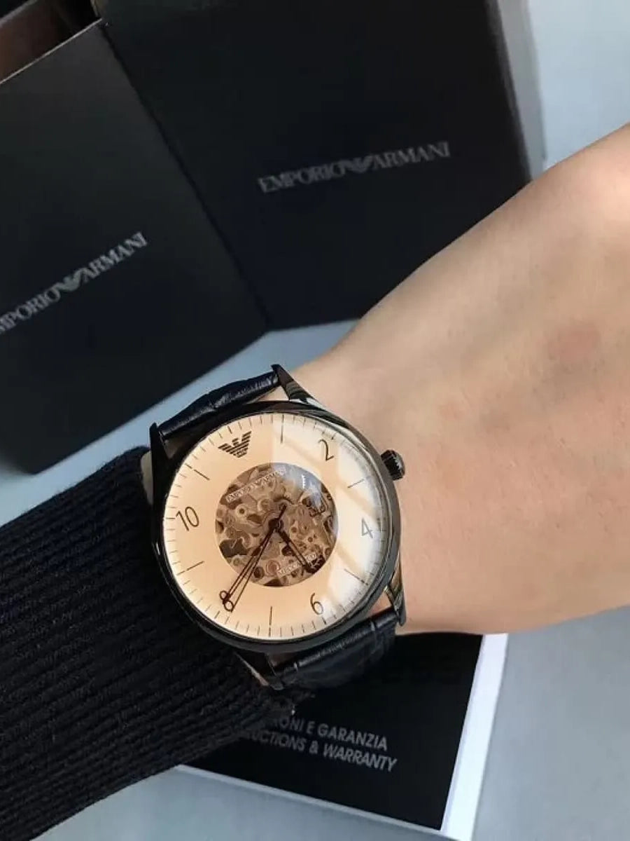 Emporio Armani Meccanico White Dial Black Leather Strap Watch For Men