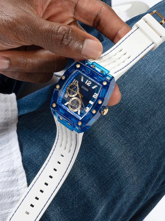 GUESS Mens White Blue Multi-function Watch