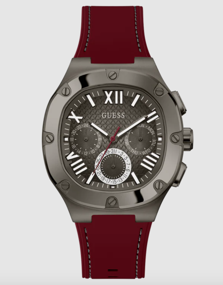 GUESS Mens Burgundy Gunmetal Multi-function Watch