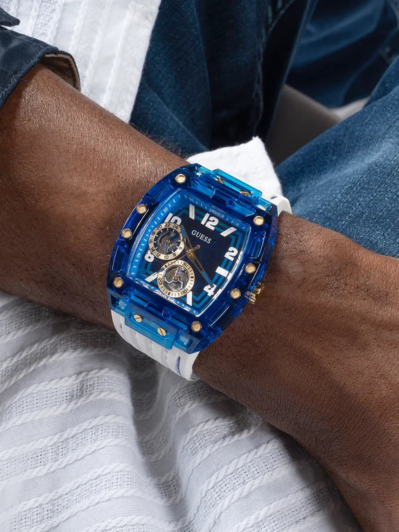 GUESS Mens White Blue Multi-function Watch