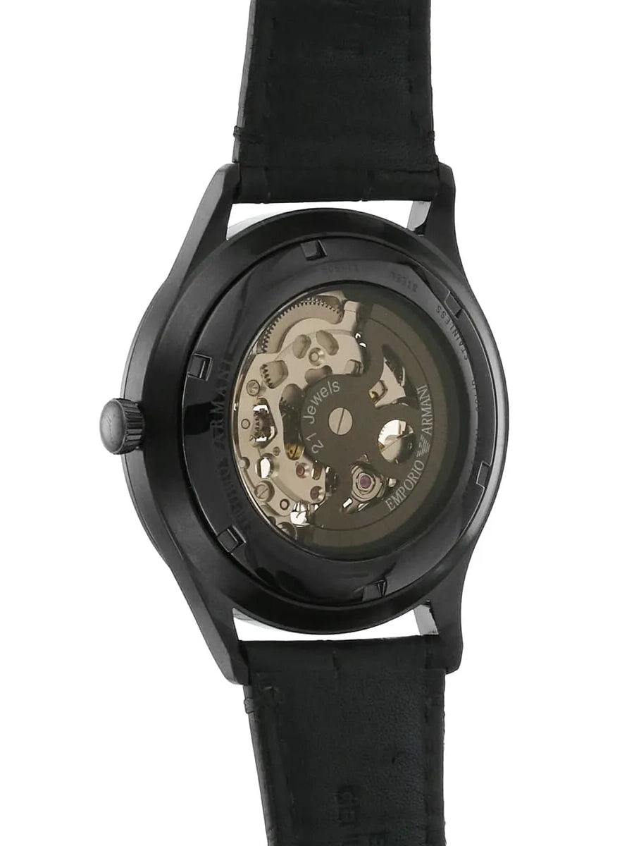 Emporio Armani Meccanico White Dial Black Leather Strap Watch For Men