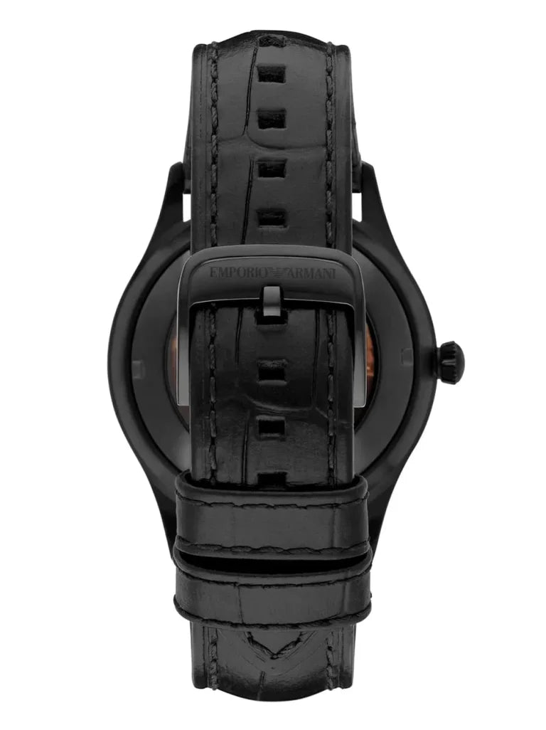 Emporio Armani Meccanico White Dial Black Leather Strap Watch For Men