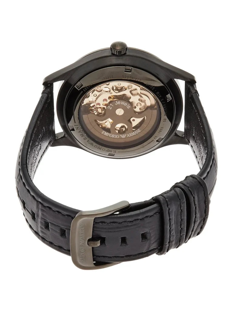 Emporio Armani Meccanico White Dial Black Leather Strap Watch For Men