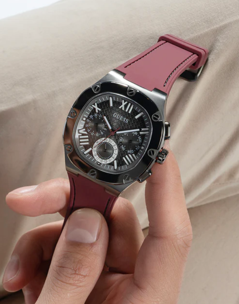 GUESS Mens Burgundy Gunmetal Multi-function Watch