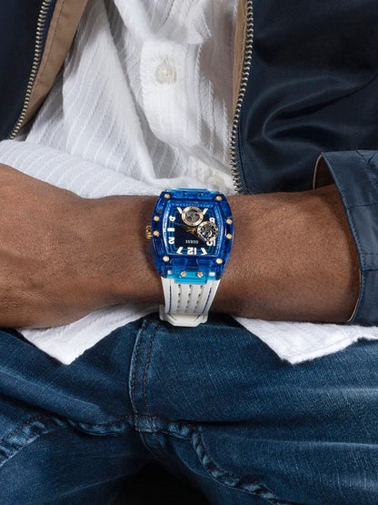 GUESS Mens White Blue Multi-function Watch