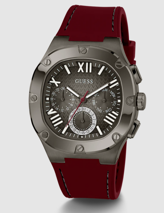 GUESS Mens Burgundy Gunmetal Multi-function Watch
