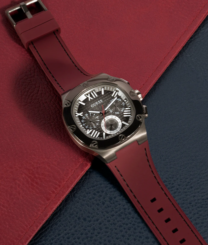 GUESS Mens Burgundy Gunmetal Multi-function Watch