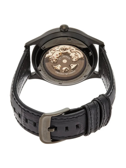 Emporio Armani Meccanico White Dial Black Leather Strap Watch For Men