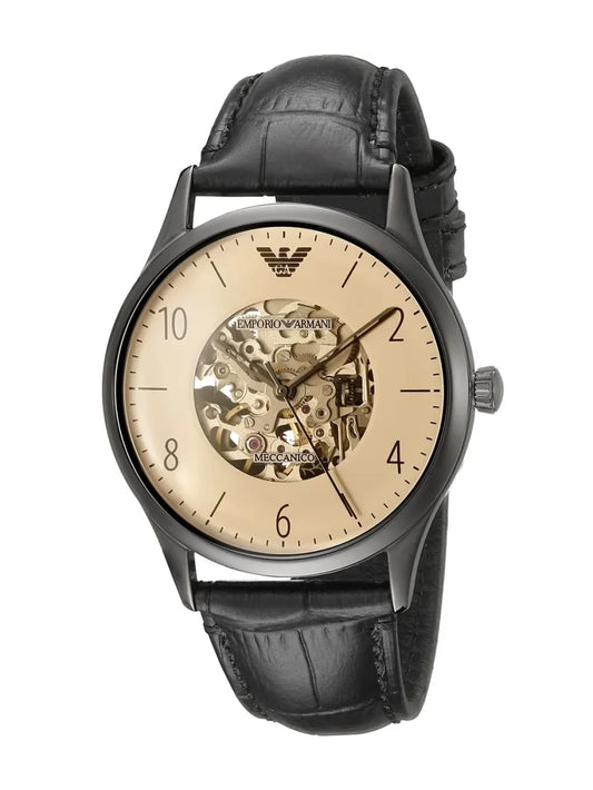 Emporio Armani Meccanico White Dial Black Leather Strap Watch For Men