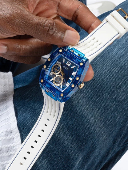 GUESS Mens White Blue Multi-function Watch