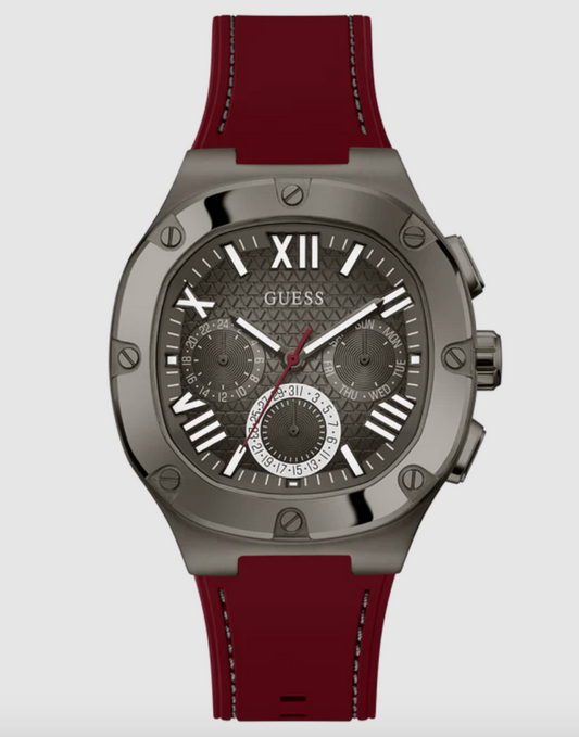 GUESS Mens Burgundy Gunmetal Multi-function Watch
