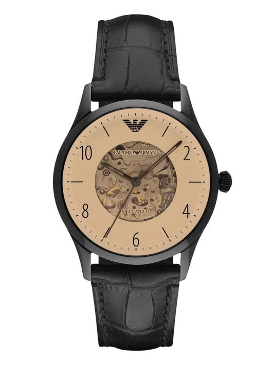 Emporio Armani Meccanico White Dial Black Leather Strap Watch For Men